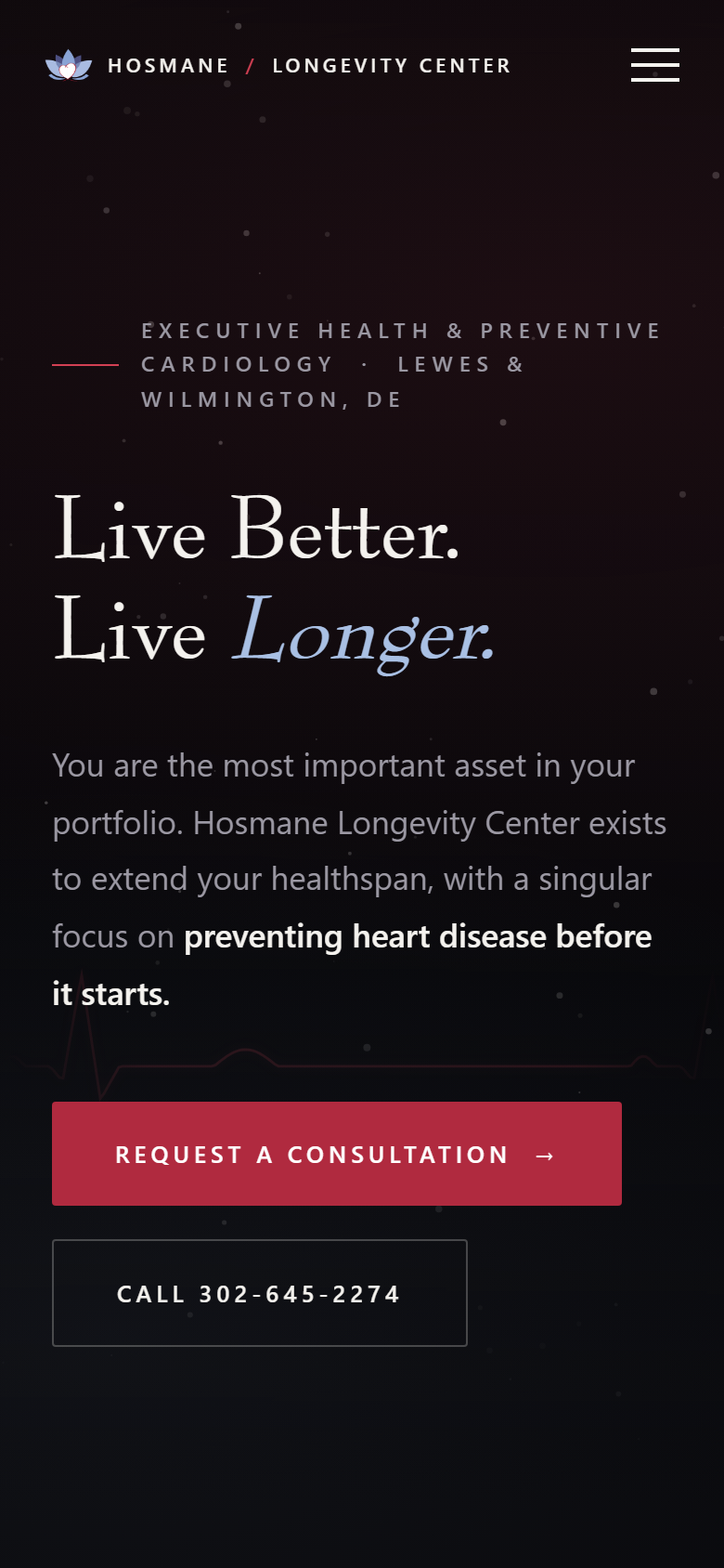 Hosmane Longevity Center homepage on mobile