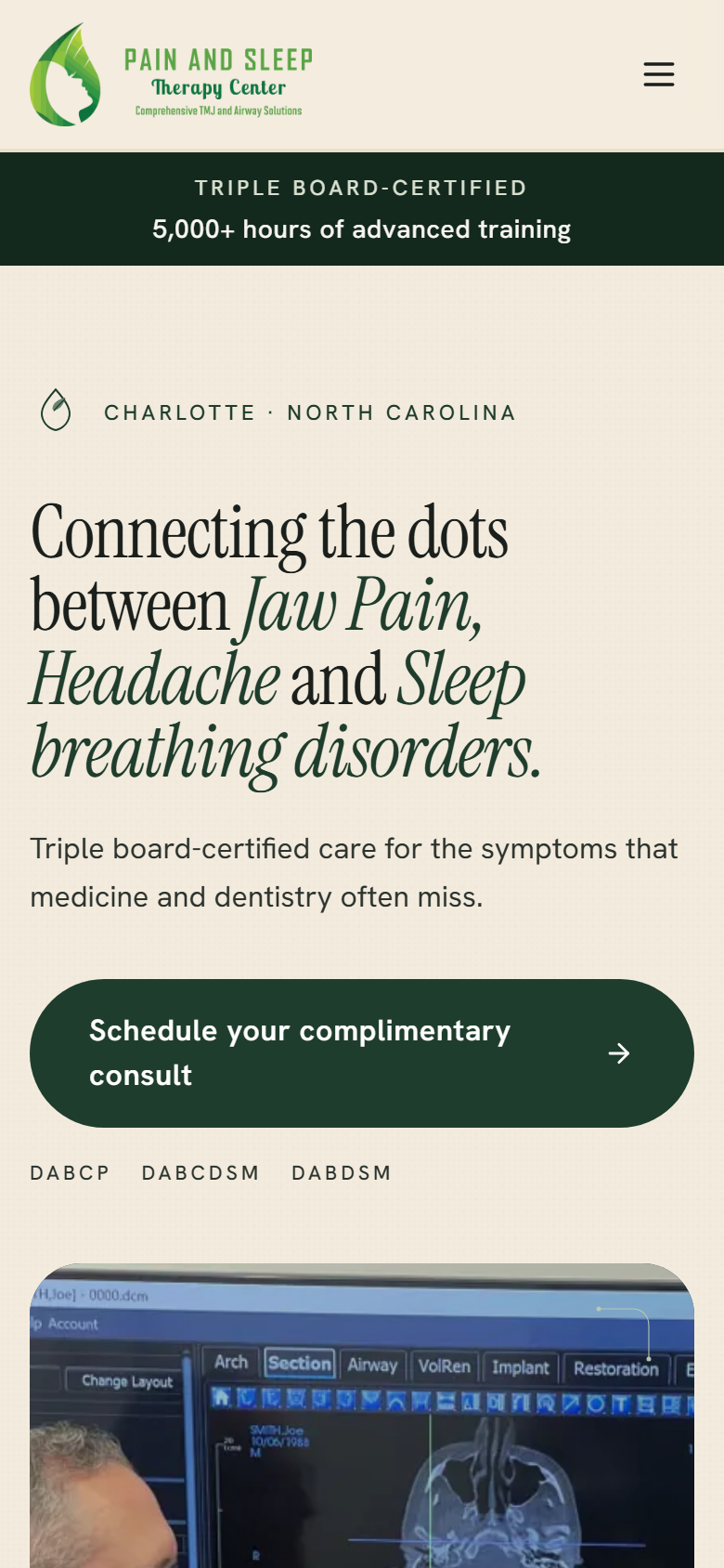 Pain and Sleep Therapy Center homepage on mobile